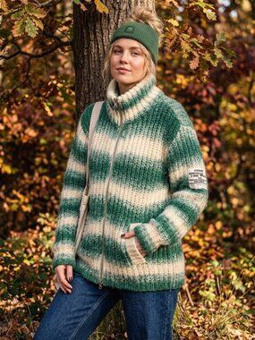 G-Star RAW Green Cream Striped Chunky Knit 100% Wool Zip Cardigan Sweater L